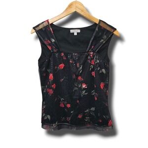Y2K Fragile Top L Black Red Rose Sequins Mesh Fairy‎ Whimsigoth Valentine's Day